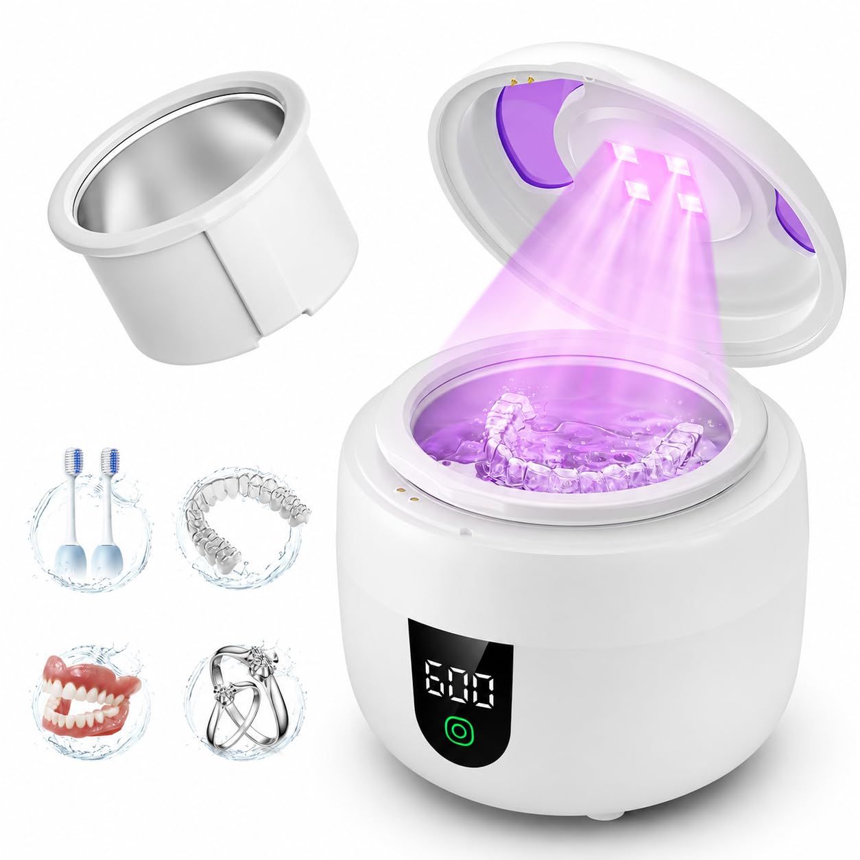 Eonini Waterproof Ultrasonic Retainer Cleaner Machine with 180ml Removable Water Tank - 45kHz Ultrasonic Cleaner for Mouth Guards, Jewelry, and Retainer Cleaner- Digital Timer, Smart Pause, Quiet to 30dB