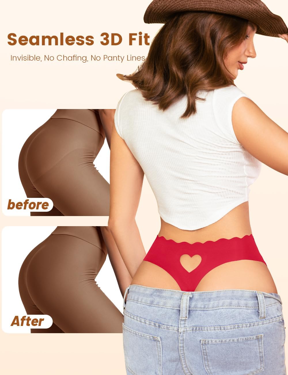 Derisaly Womens Seamless Thongs Underwear No Show Thong Wave-waisted Invisible Panties Comfy Heart Cutout for Ladies 6 Pack - Image 4