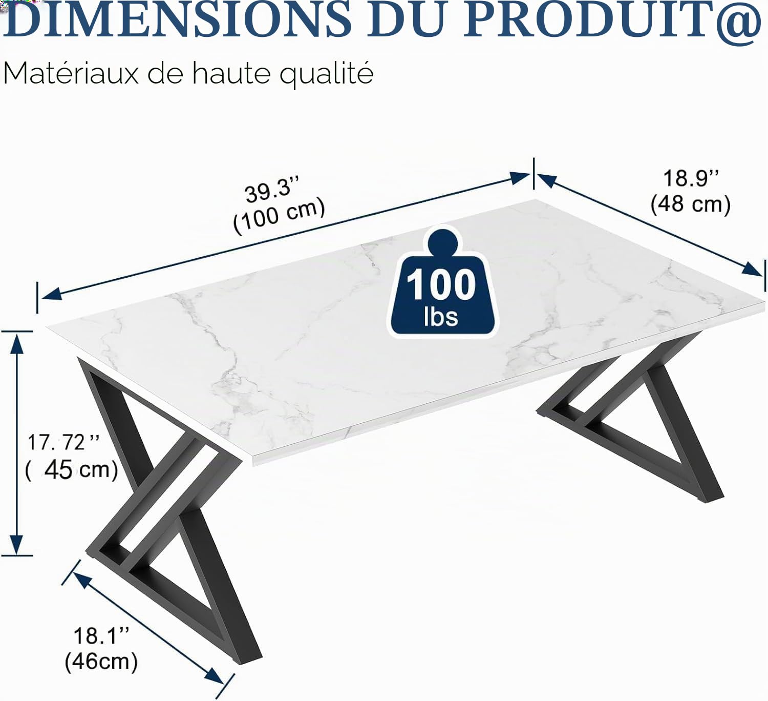 Table basse, table de salon, table basse en bois, table d'appoint pour salon, montage facile, baleines, espace de rangement ouvert, 100 x 48 x 55 cm, marbre blanc et noir