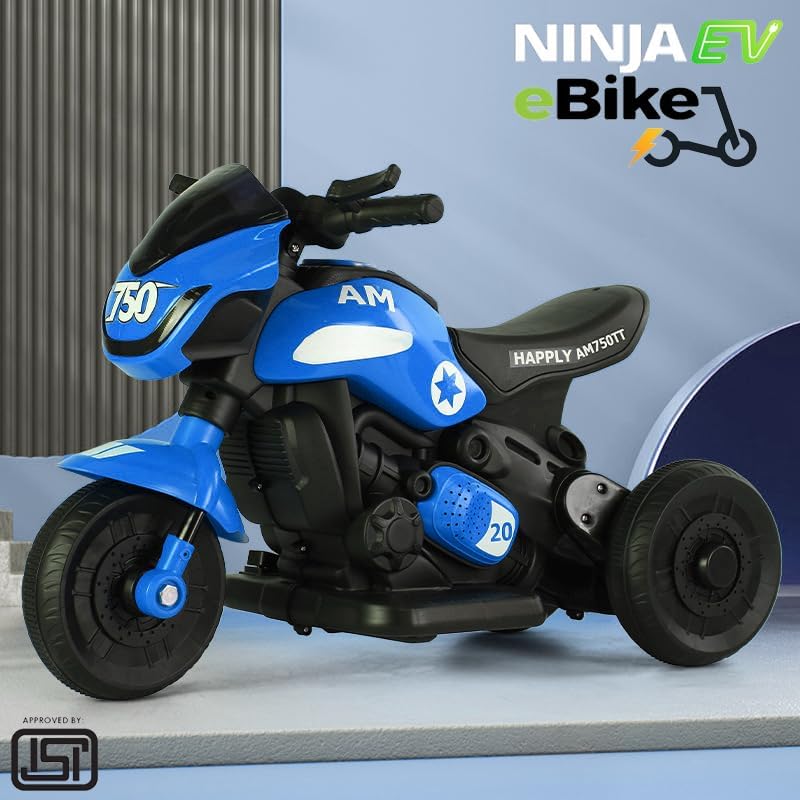 Image of Ninja Ev Kids Battery Operated Bike Rechargeable Ride on for Boys and Girls with Music and Lights, Forward and Backward Gear, Built in MP3 Player Baby Bike with USB Port (Blue)