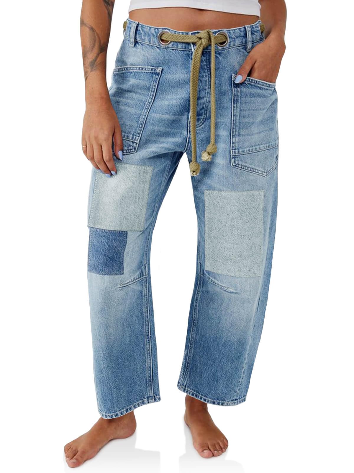PLNOTME Womens Baggy Barrel Horseshoe Jeans Wide Leg Patchwork Low Rise Denim Pants with Pockets