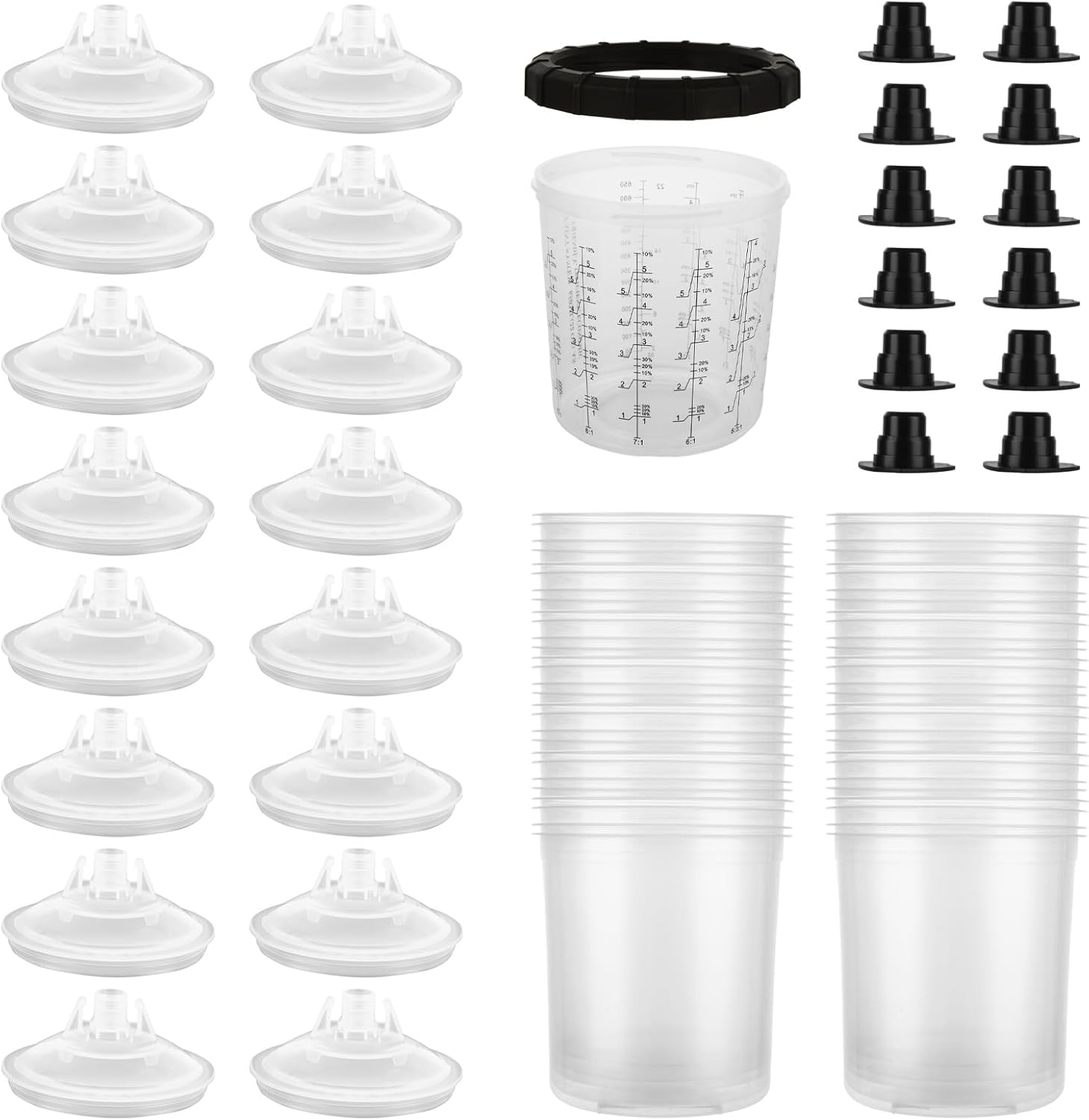 25 Pack Disposable Paint Sprayer Gun Cup Liners and Lid System for Spray Gun, Paint Cups 22 Ounce (650ml) Kit with 25 Mixing Cup Liners, 25 Lids, 10 Plugs, 1 Hard Cup with Retainer Ring