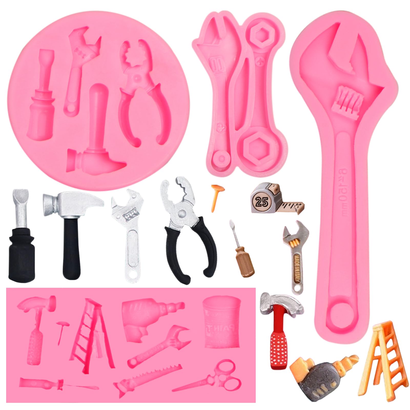 Herramientas de mano moldes para fondant, 4 piezas, mini herramienta de construcción, moldes de silicona para decoración de pasteles, caramelos, azúcar, cupcakes, decoración de pasteles, paletas