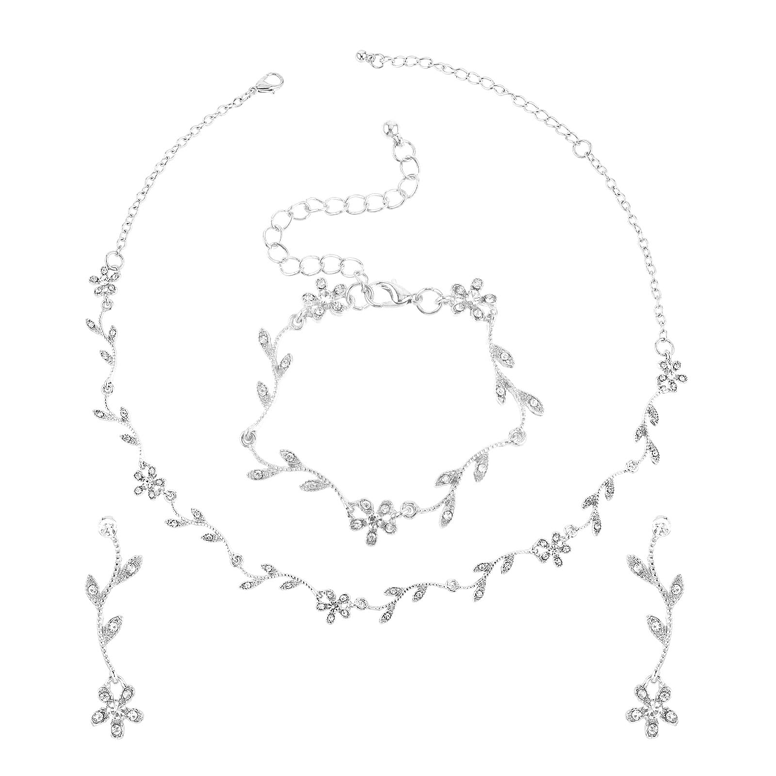 Yolev Juego de joyas para novia, collar de novia, pendientes y pulsera, juego de joyas de boda dorado/plata floral para boda, collar de novia y dama de honor