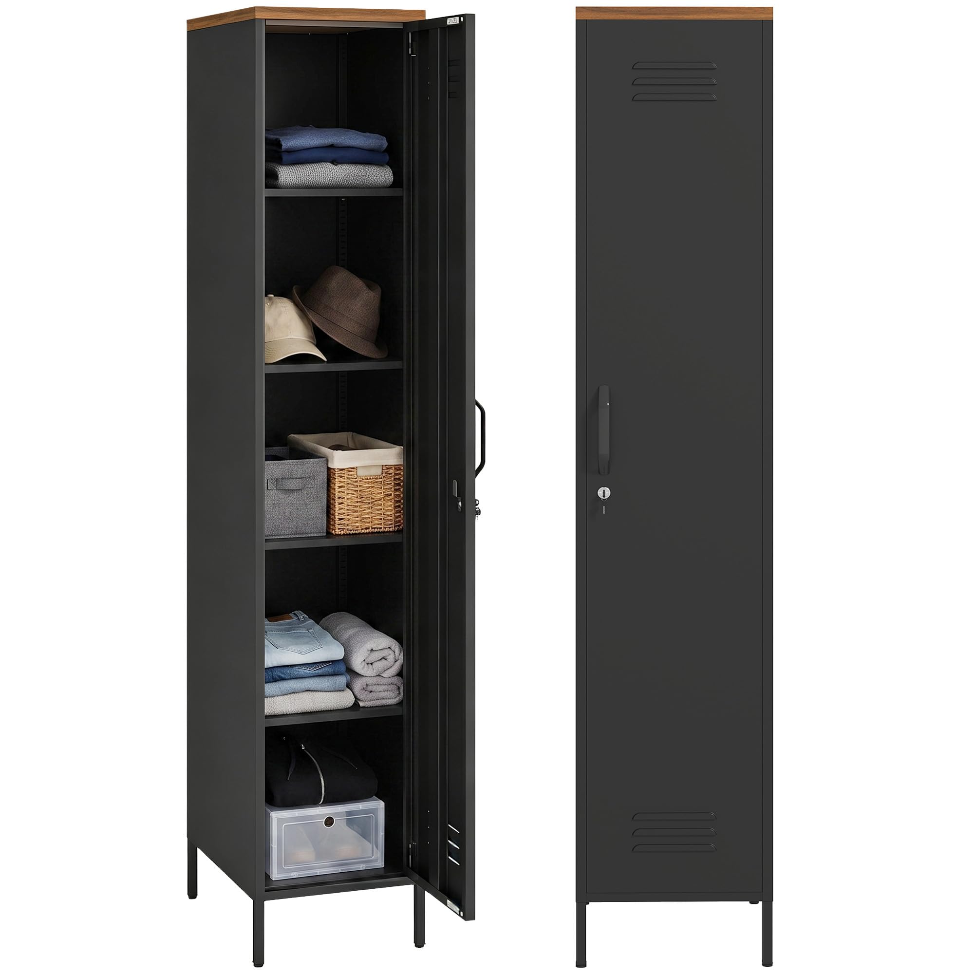 HOMCOM Armadietto Spogliatoio 35x46x183 cm Nero e Marrone Effetto Legno | Slim in Metallo, Chiusura a Chiave, Ripiani Regolabili, Armadio Metallico Multiuso, Industriale, per Casa Ufficio Garage