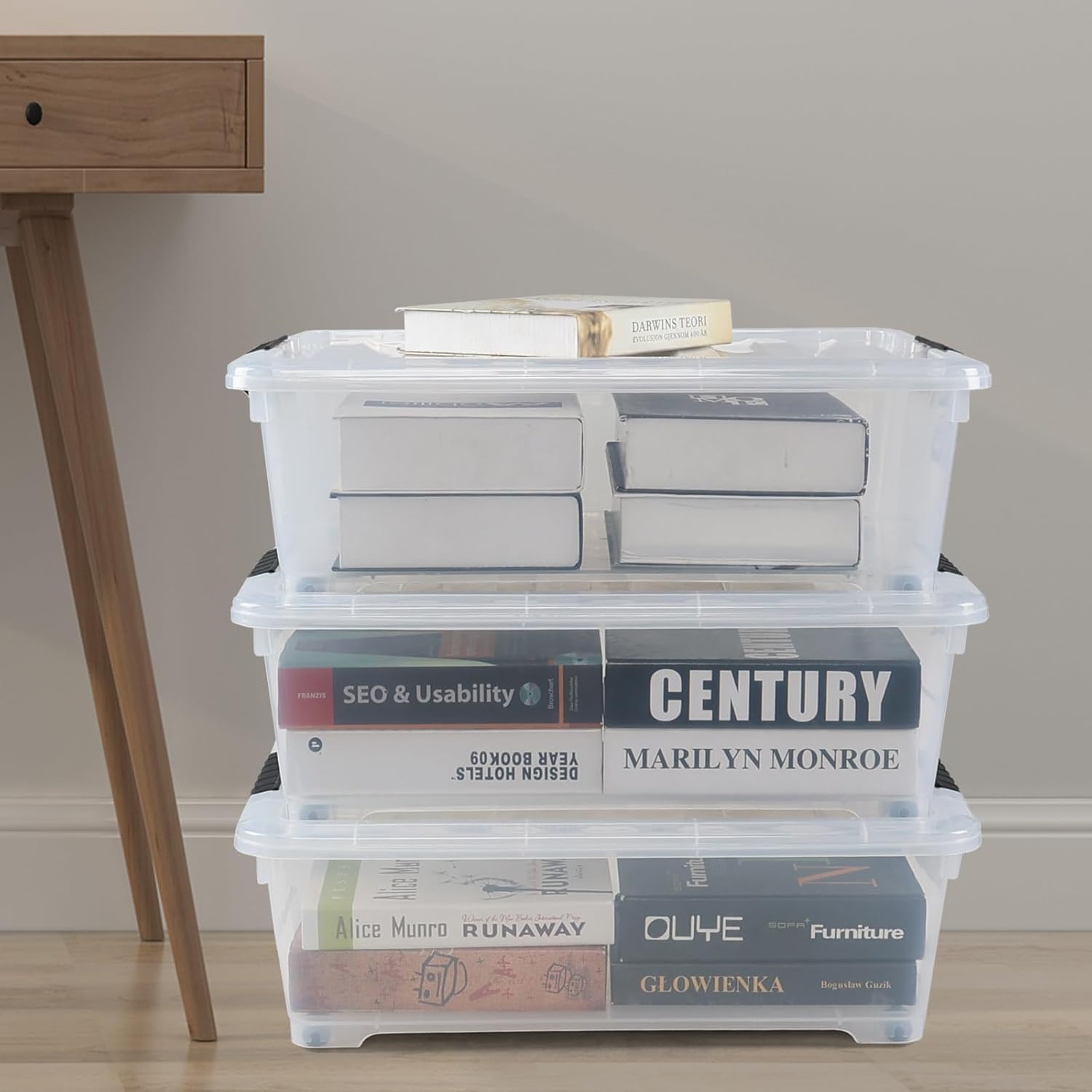 Yuright 3 Packs Clear Under Bed Storage Boxes, 20 L Plastic Latching Bin with Lids and Wheels