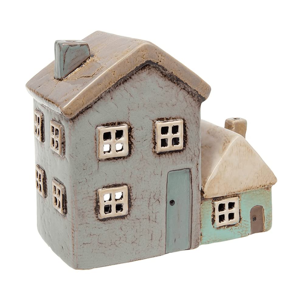 Village Pottery Grey/Aqua Tealight Holder - Two Houses 320012
