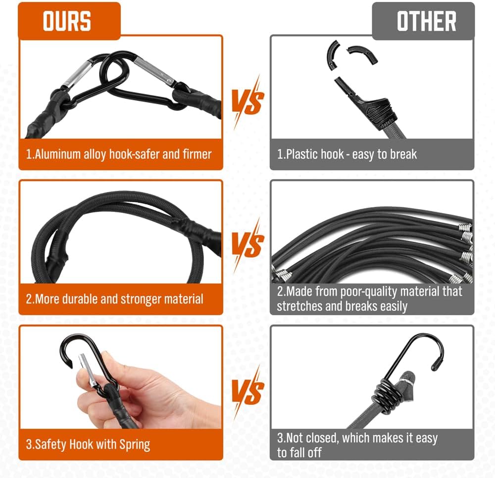 HORUSDY 4-Piece Bungee Cords with Carabiner Hooks, 24-inch, Rubber Heavy Duty Straps Strong for Camping, Cargo, Bike, Outdoor Tent, Luggage Rack