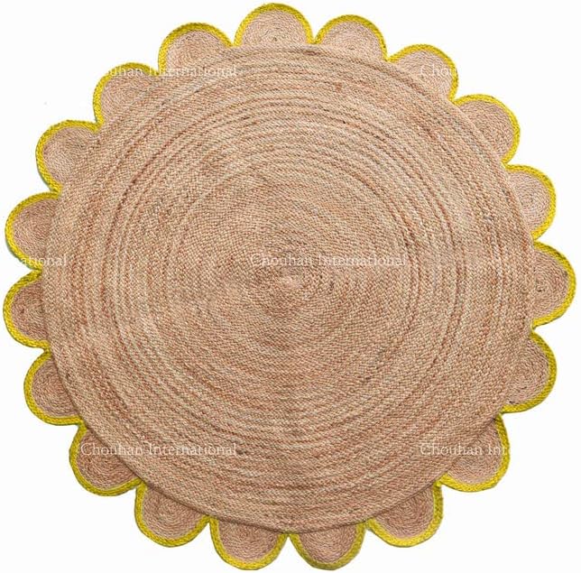 4x4, 5x5, 6x6,feet Natural Jute Scallop Round Rug, Floor Scalloped Edge Rug Braided Boho Eco Large Circular Handmade Area Rugs