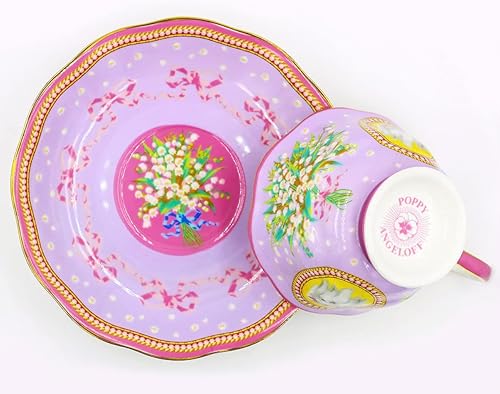 Miniatura 2 de Poppy Angeloff - Juego de taza de té y platillo de caramelo - Colección Pups on Cups - Juego de té de porcelana fina - Porcelana vegana - Diseño de