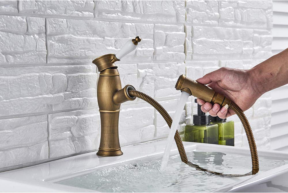 Latón antiguo Extraíble Grifo del fregadero de la cocina Montura en la cubierta Grifería monomando Lavado Grifo de lavabo Grifo de cerámica simple Grifo caliente y frío