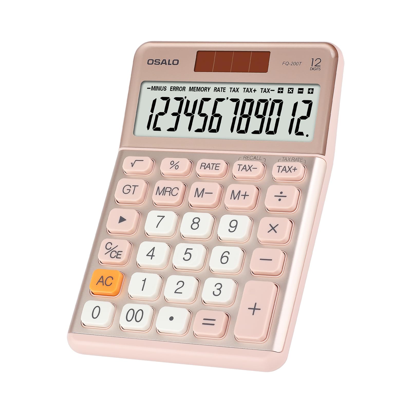 OSALO Office Calculator Desktop Small Size with Tax Function, 12 Digit Large LCD Display, Solar Battery Power Aesthetic Accounting Calculators Large Button for Business Home Use, Pink (OS-200T)