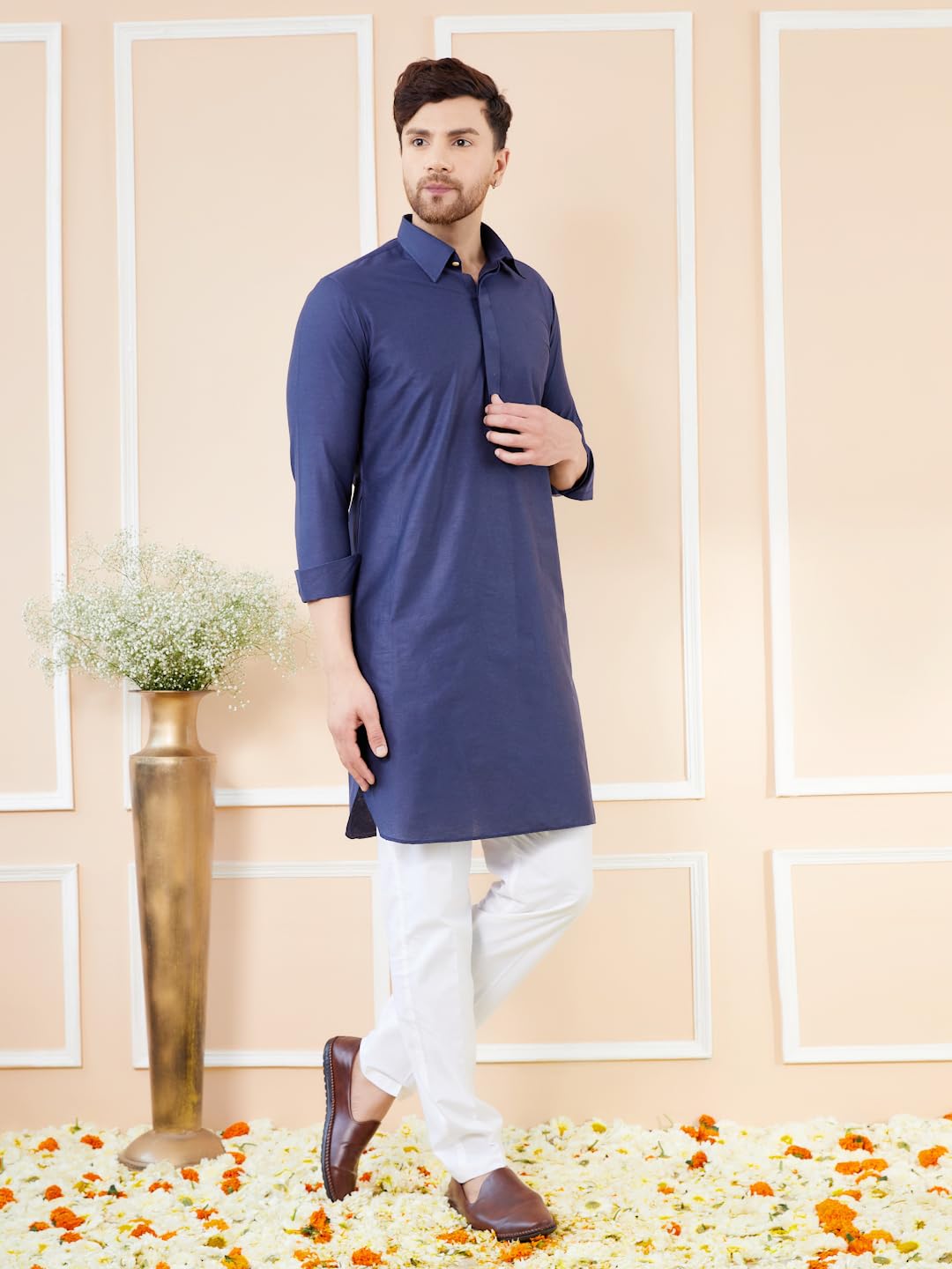 See Designs Men Navy Blue Cotton Solid Curved Hemline Full Sleeve Side Slit Pathani Kurta - Bnrskt613M