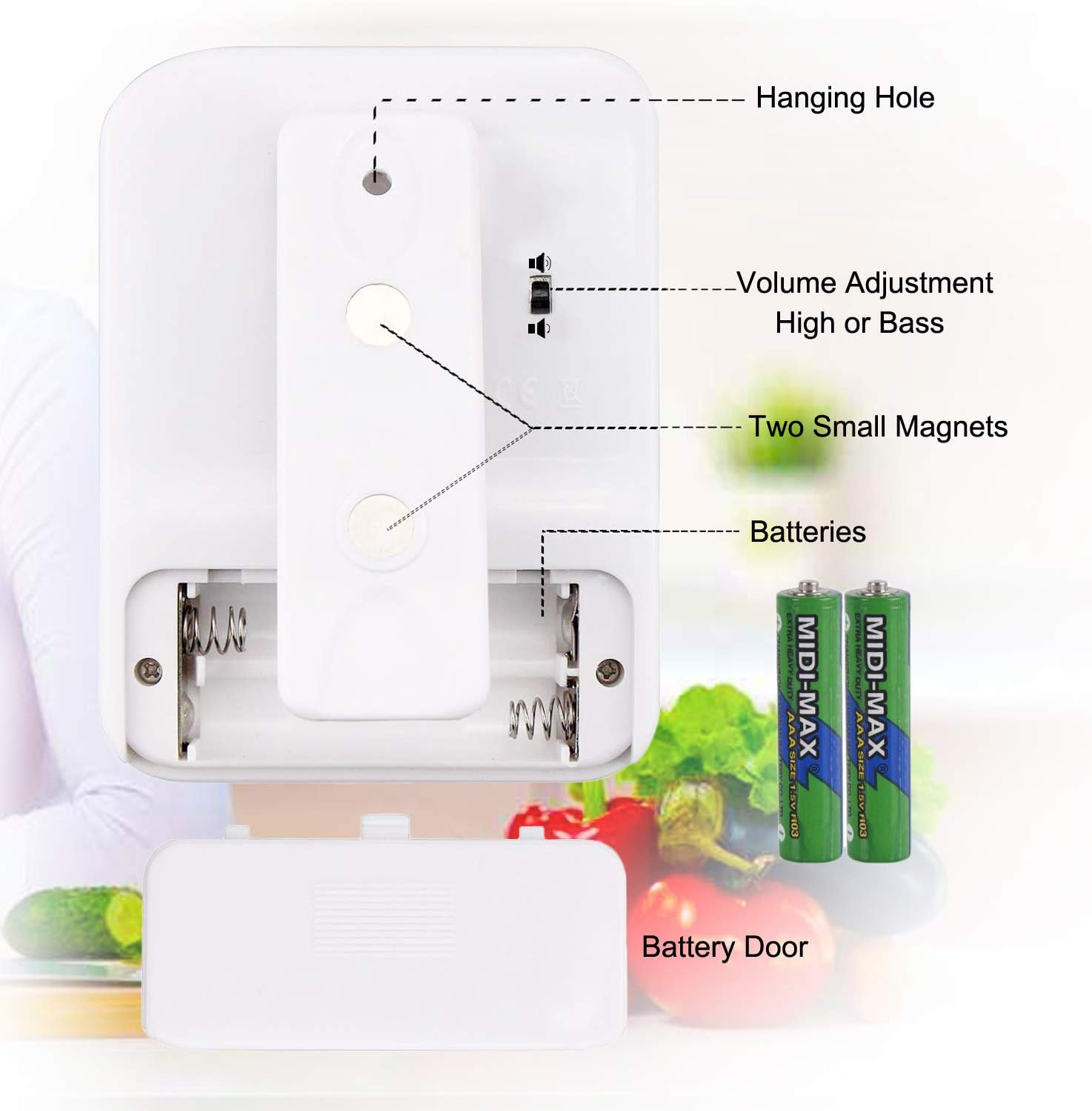 Back view of Samshow Digital Dual Kitchen Timer showing battery compartment, magnets, volume switch, and hanging hole