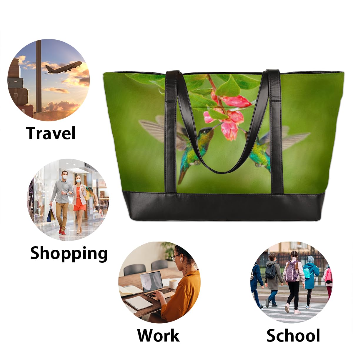 TropicalLife Kolibry kwiat kobiety torba na laptopa kolibry kwiat damski zamek błyskawiczny laptop duża płócienna torebka na ramię torba kurierska do biura podróży na zakupy, Kolor, 15 L