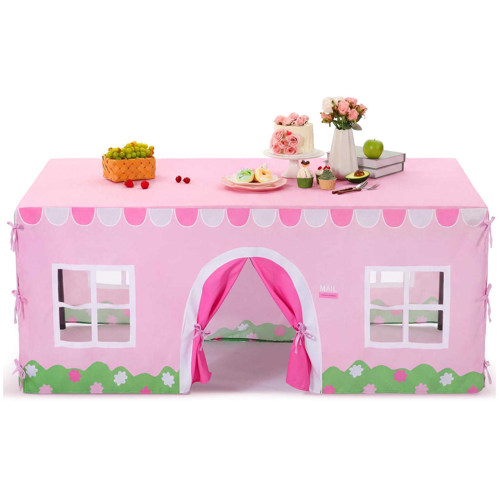 Photo 1 of Oudain 10ft x 7.5ft Large Tablecloth Playhouse for Kid Table Fort Cover Table Cloth House Tent Playhouse for Dining Room Birthday Indoor Outdoor Party Playground (Pink White Color, Farmhouse Style)
