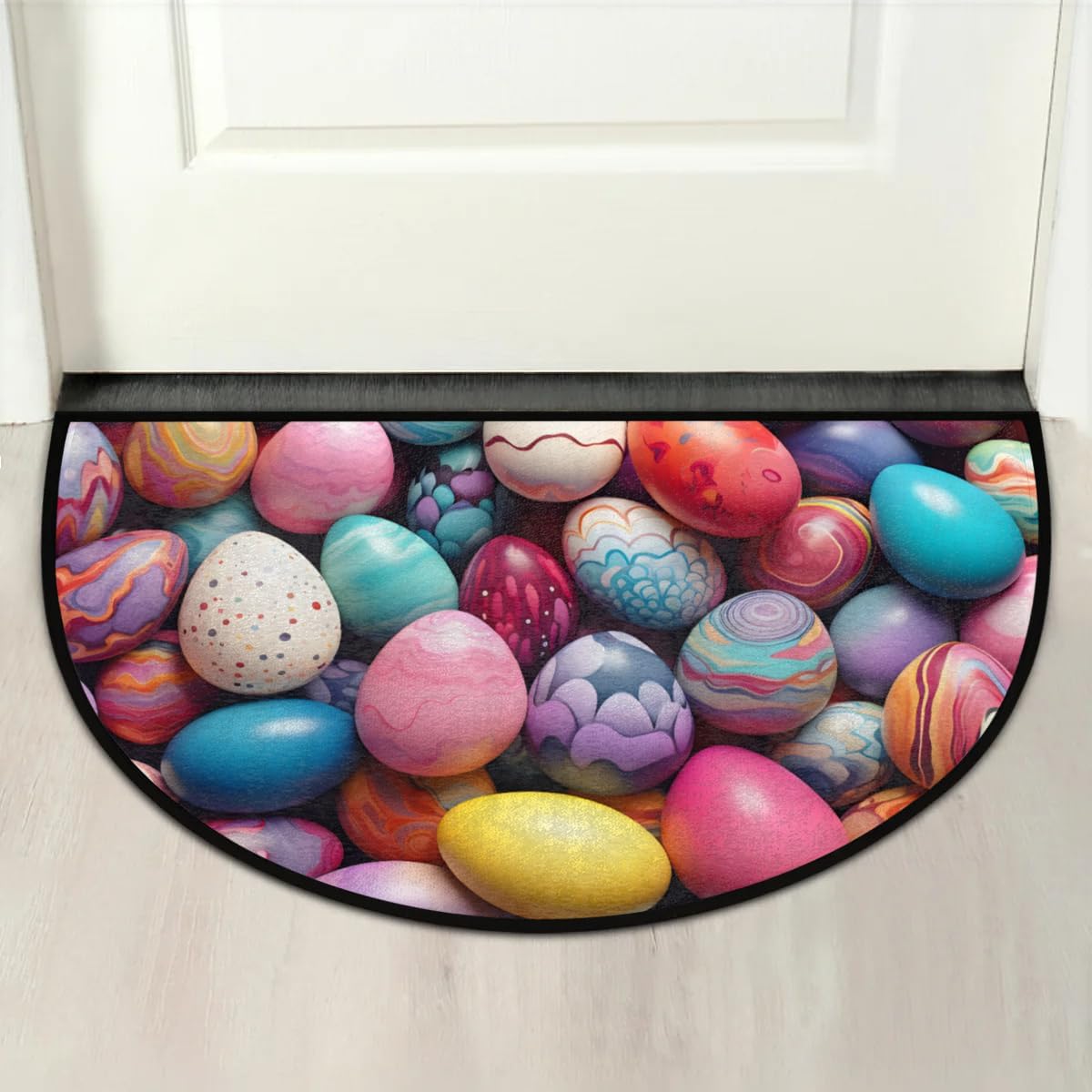 cfpolar Half Round Door Mat Easter Eggs Pattern Non-Slip Semi Circle Area Rug Washable Semi Circle Floor Rug for Indoor Outdoor Living Room Bathroom Kitchen Patio Hearth Rugs Home Decoration