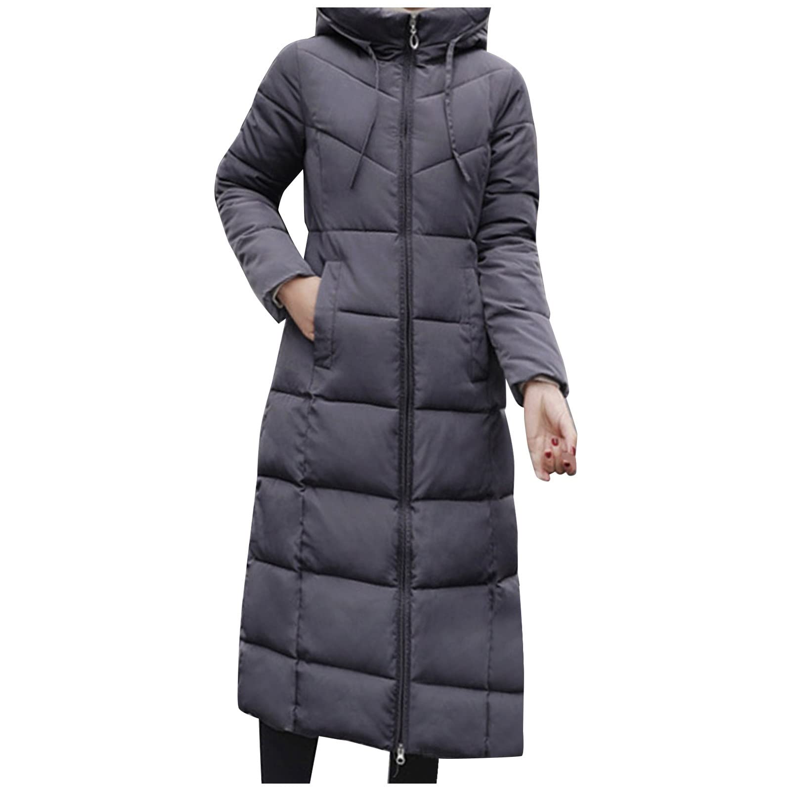 Abrigo de plumón para mujer, largo y ligero, con capucha, abrigo de invierno cálido con cremallera, abrigo acolchado con bolsillo, chaqueta de entretiempo, monocolor, chaqueta acolchada