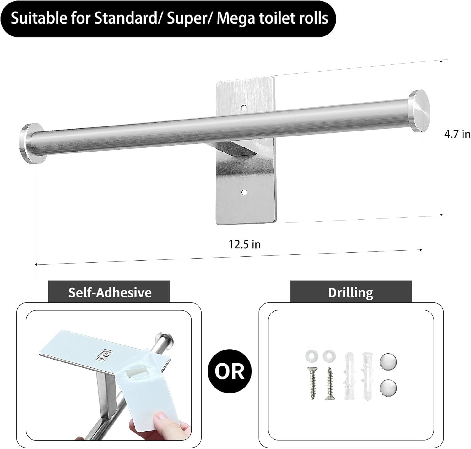 Double Roll Toilet Paper Holder, OBODING, Adhesive or Drilling Stainless Steel Toilet Paper Holder Wall Mount for Bathroom (Silver)