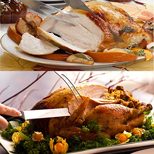 VOJACO [2 Pack] Meat Fork, Stainless Steel Meat Carving Fork, BBQ Barbecue Fork with Wooden Handle, Professional Classic Metal Cooking Curved Fork for Chicken, Beef, Pork, Turkey (10 inch) - Thumbnail 2