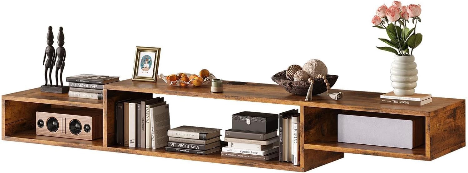 4 EVER WINNER Floating TV Shelf with LED Lights and Power Outlet, 59" TV Stand for Cable Box Audio Video, Floating Entertainment Center for Living Room, Bedroom, Rustic Brown