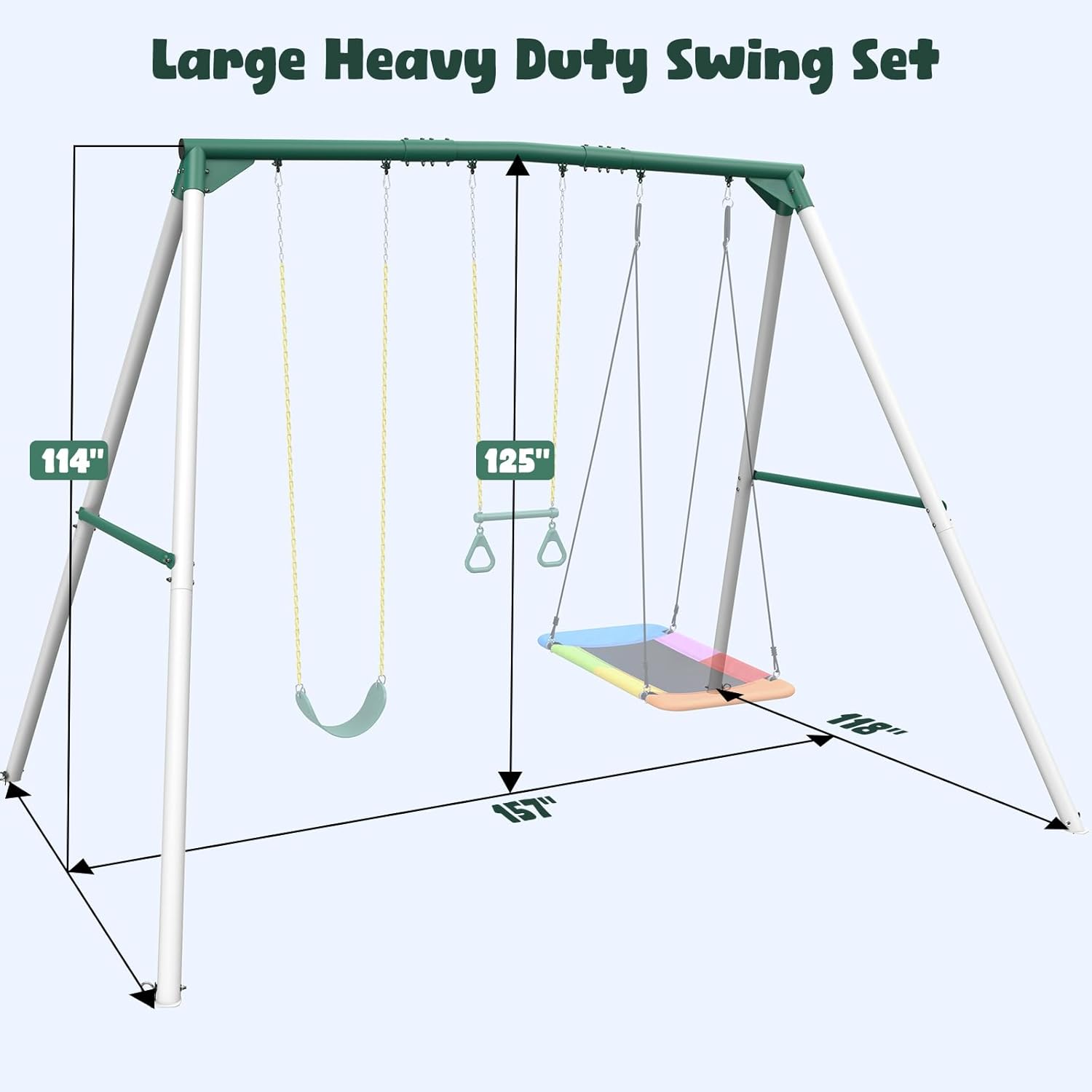 Hapfan 9.5' Tall Swing Sets for Backyard with Platform Swing, Heavy Duty Metal Swingset Outdoor for Kids with Trapeze Bar