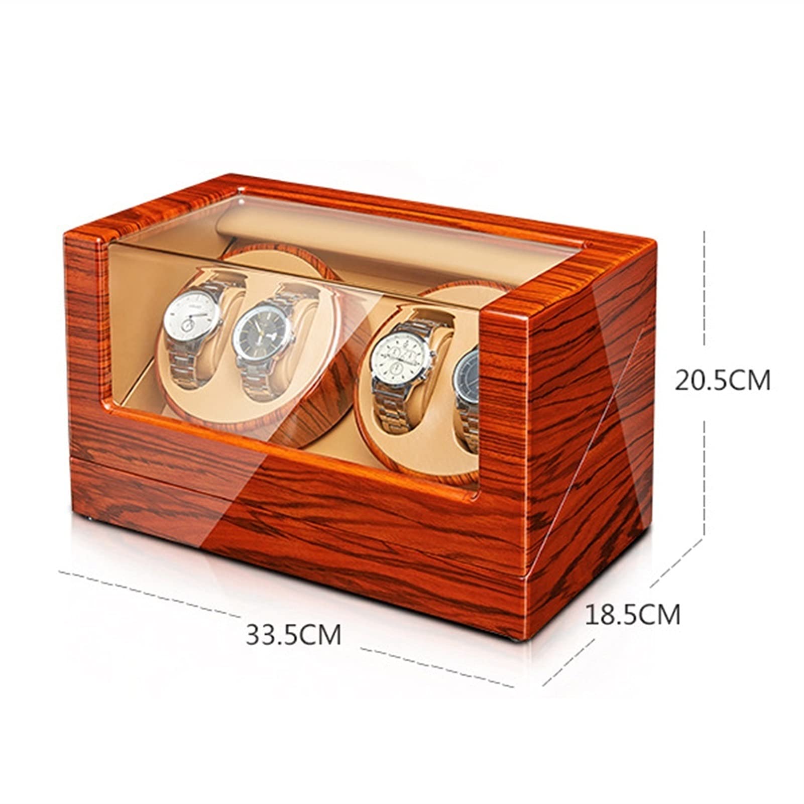 Uhren-Display-Box, Uhrenbeweger für 2/4 Automatikuhren, Uhren-Display-Box mit leisen Motoren, Flexibles Uhrenkissen, Holzschale, Klavierlack, passend für Damen- und Herrenuhren, 4+0