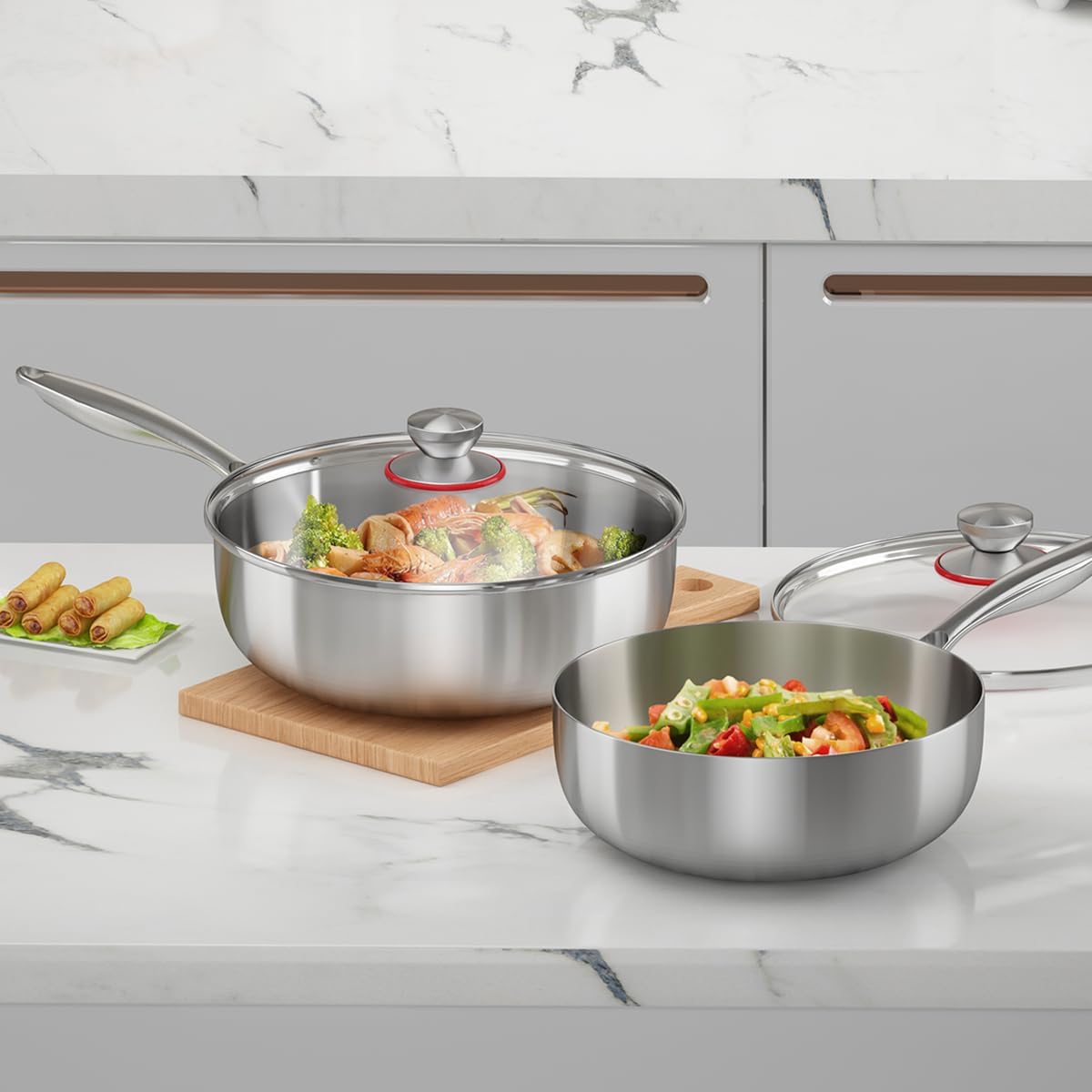 Tri-ply Stainless Steel Saute Pan 4-Quart with Clear Lid Deep Frying Pan for Chef's Cooking Wok Induction Oven Dishwasher Safe, Compatible with All Cooktops(Detachable Handle,10 Inch)
