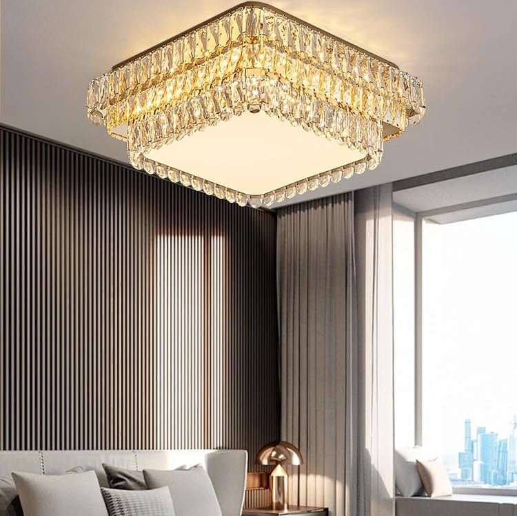 Plafonnier LED cristal rectangulaire doré 50x50cm lumière blanche pour chambre