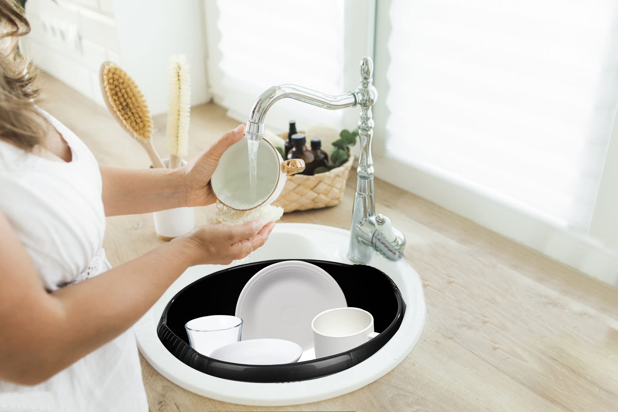 Midnight Black Plastic Washing Up Bowl, Cutlery Tray, Laundry Basket, Dish Drainer, Home and Kitchen Organiser, Kitchen Set (32 cm Round Bowl)