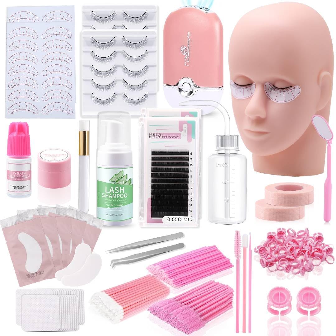 Vznffur Lash Extension kit for Beginners, Eyelash Extension Kit with Mannequin Head, Lash Starter Kit with Everything Eyelash Glue USB Fan Cosmetology