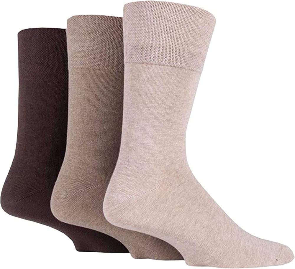 ZRWASKA® Diabetic Socks Men Wide Elastic Cotton Non-Binding Neuropathy Loose Top Soft Grip Sock Oedema Friendly Swollen Feet Legs Size UK 6-11 (3 Pairs - Brown (Tints and Shades))