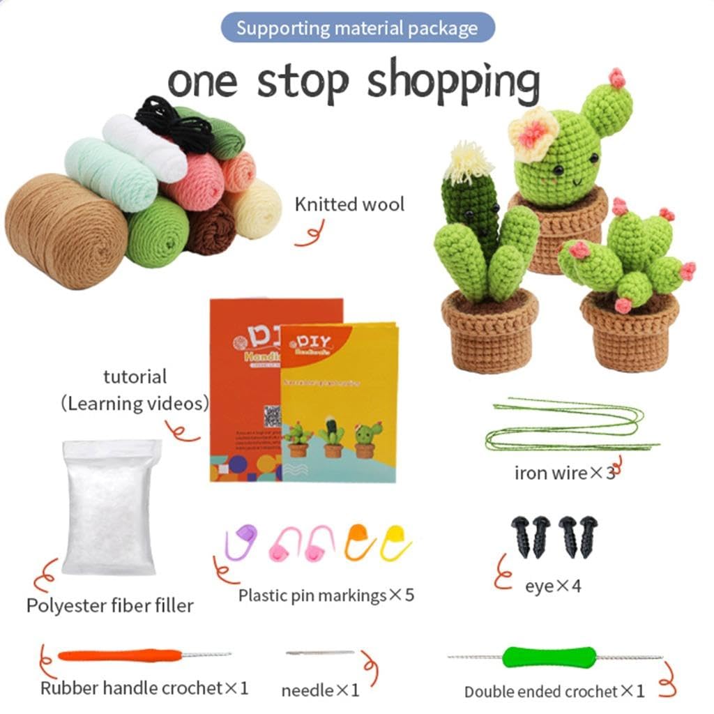 ERCESHOP Crochet Kit for Beginners Crochet Kits for Kids and Adults Include Cute Cactus DIY Knitting Supplies Crochet Animals Kits with Step-by-Step Video Crochet Starter Kits 3 PCS Plants Family