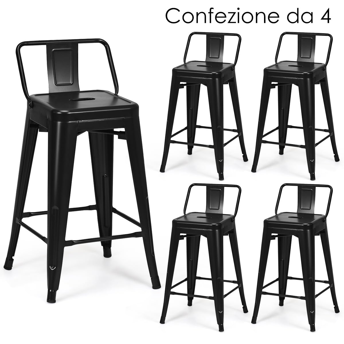 COSTWAY Set di 4 Sgabelli da Bar da 62 cm, Impilabile Sedie da Cucina Alto, in Metallo, con Schienale Rimovibile, Poggiapiedi, Design Industriale (Nero)