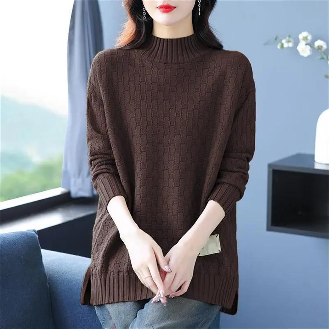 Lässiger Damen-Pullover, locker, mittellang, dick, gestrickt, hoher Kragen, solider Pullover