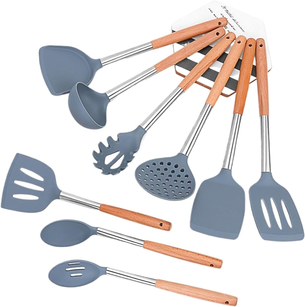 Silicone Cooking Utensils Set Utensil Sets 446°F Heat Resistant Kitchen Wooden Handles for Non Stick Cookware BPA FREE