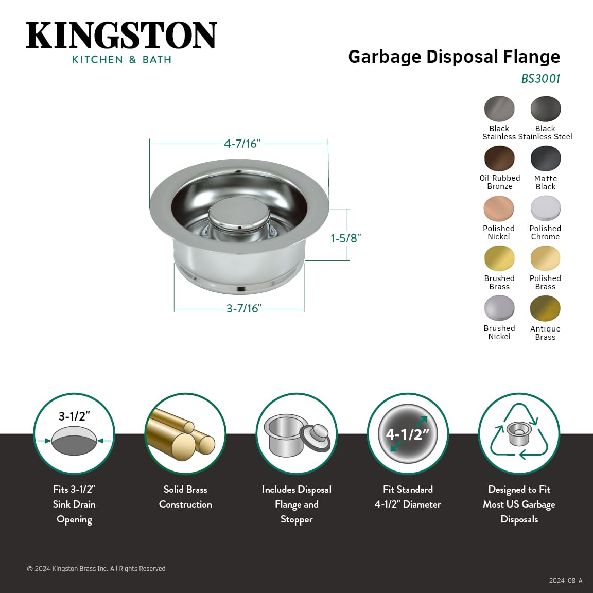 Kingston BS3007 Bride de de distribution à ordures en laiton satiné