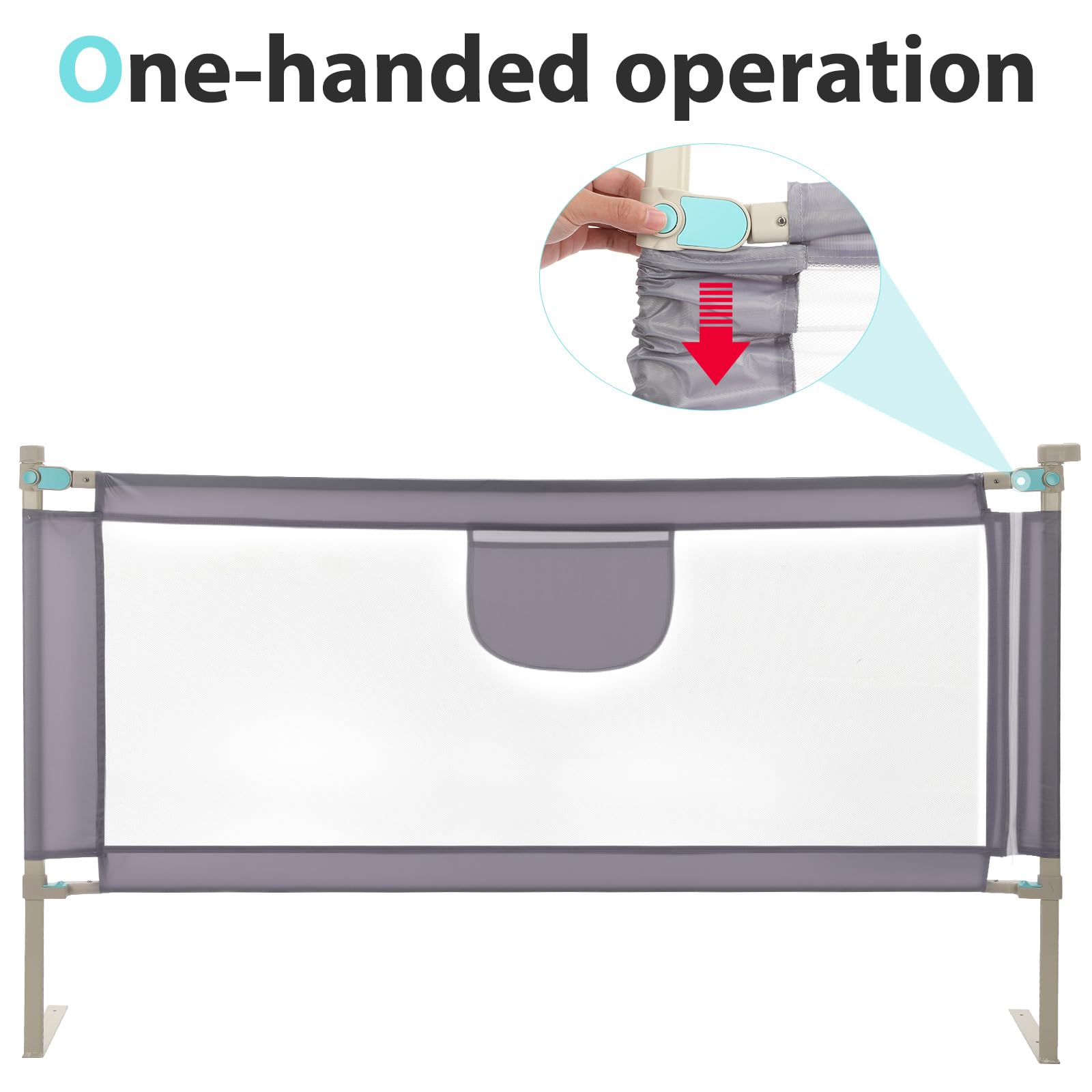 Barrera Seguridad Niños Cama, Barandilla Cama 150/180/200cm, Protección Anticaídas con Malla Transpirable, Barandilla Regulable en Altura 69-98 cm, Pasamanos con Bolsillo Lateral, Apto para Boxspring — view 7