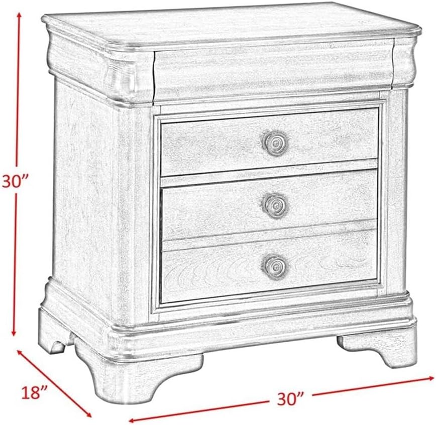 BOWERY HILL 3-Drawer Hardwood Nightstand, Cherry Finish, 30 x 30 x 18 Inches, Birch Veneers, Antique Brass Knobs, Felt-Lined Hidden Drawer, Full-Extension Glides, Transitional Bedroom Furniture