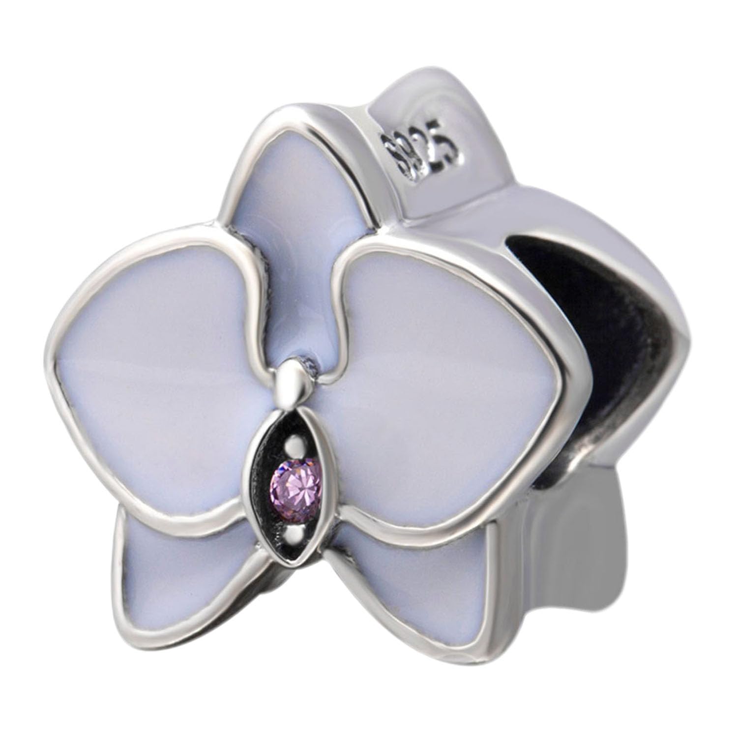LAMOONY Orchid with Cz Stone and Enamel Charm 925 Sterling Silver Flower Charm Lucky Charm for DIY Charms Bracelet