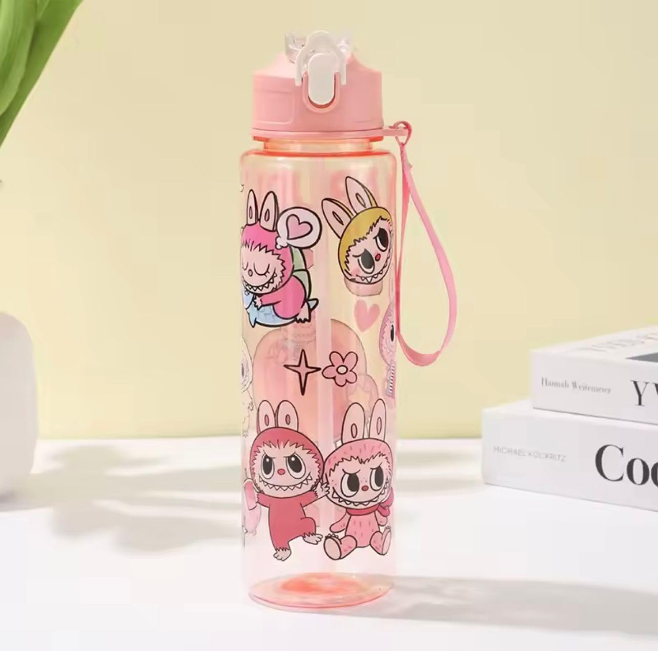 Trendy Monster Water Bottle, 750ml, Pink, Leakproof Plastic Straw Design, Cartoon Character (Green)