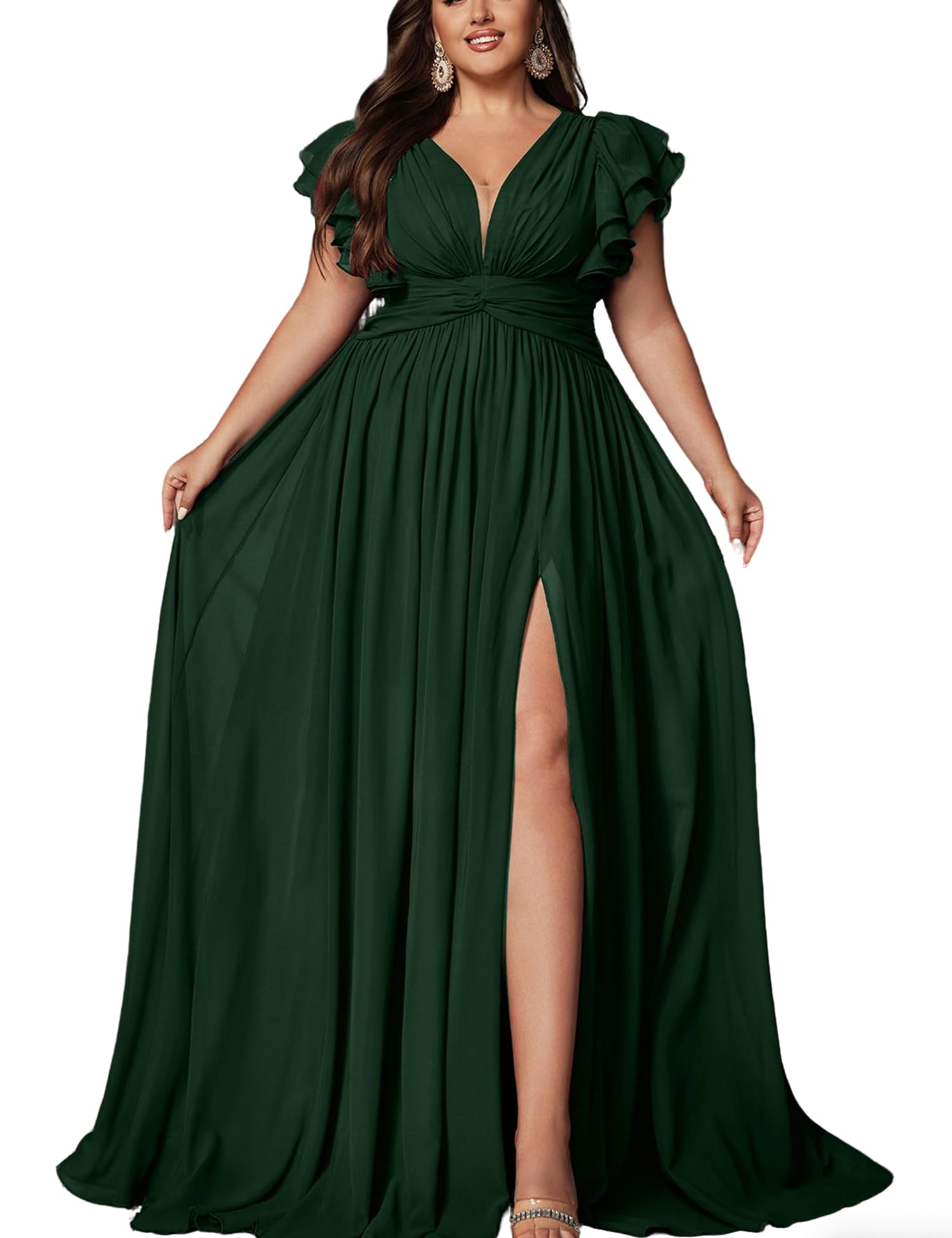 Photo 1 of VOUIAO Women's Plus Size Bridesmaid Dresses Chiffon Wedding Guest Summer Maxi Dress Elegant Prom Evening Party Cocktail Gown Dark Green 5XL