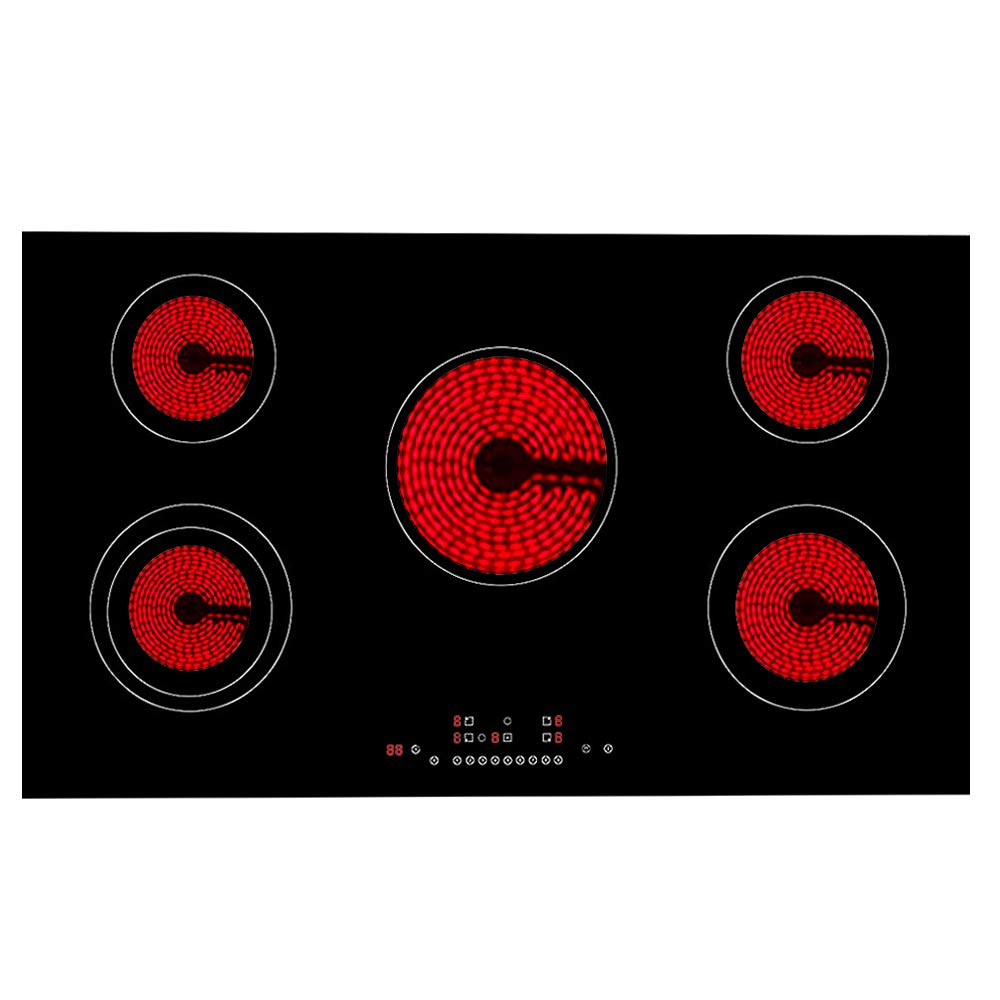 90cm Electric Ceramic Hob,900mm Glass Built-in Cooker,Cooktop with Touch Sensor Control Knob,5 Cooking Zone,9 Power Levels Black (5 Zones)