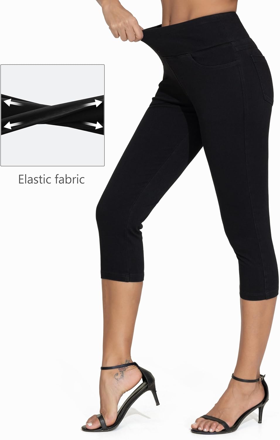 THE GYM PEOPLE Women's High Waisted Stretchy Capri Jeggings Pants Tummy Control Pull on Skinny Jean Leggings with Pockets - Image 3