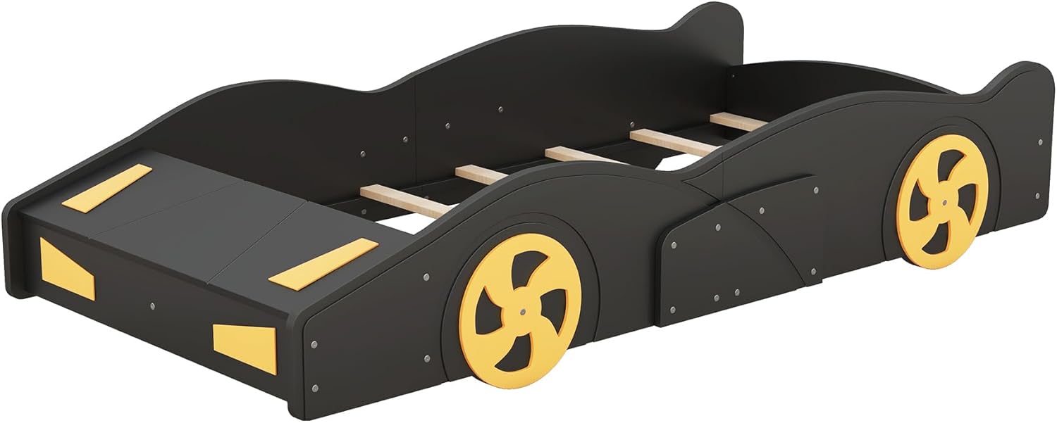 Twin Size Race Car-Shaped Platform Bed with Wheels and Storage, Wooden Platform Bed for Kids Teen Boys Girls (Black+Race Car)