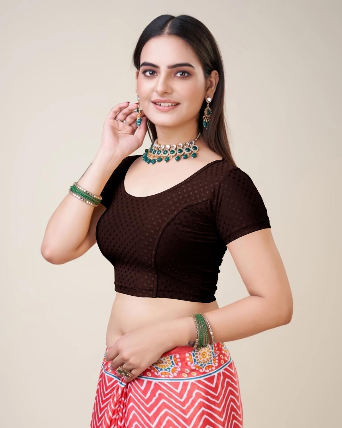 themilestocks Women's Blouses Readymade Gold Stretchable Saree Crop Top Choli Free Size - Image 2