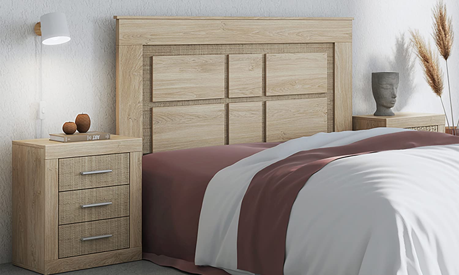 Conjunto de Cabecero + 2 Mesitas de Noche Color Roble Cambrian, Efecto Textil