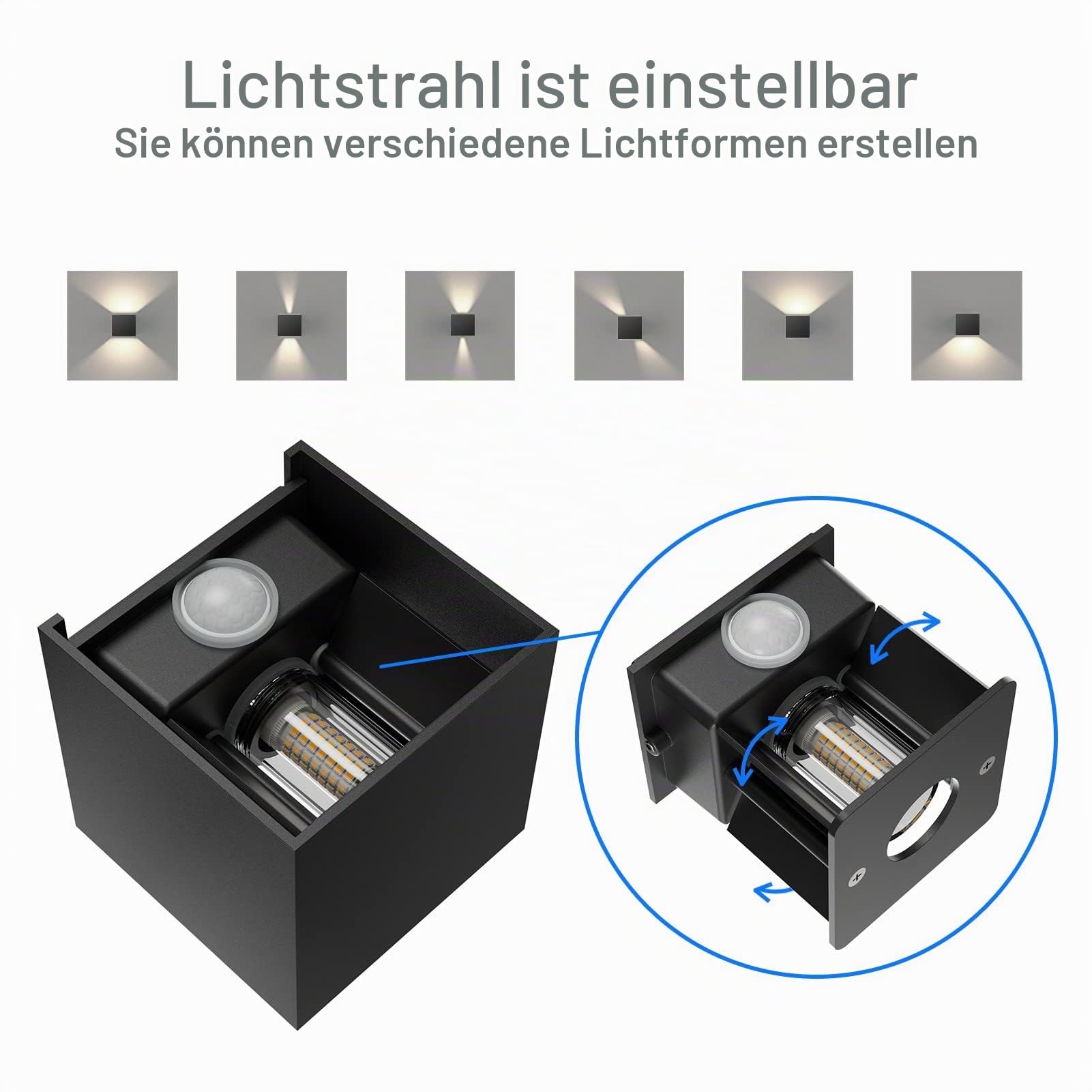 Klighten 2 Stück Aussenlampe mit Bewegungsmelder Naturweiß 4500K, Schwarz | mit Austauschbarer G9 Lampe, Einstellbarer Lichtstrahl, Wasserdicht IP54, Aluminium Außenwandleuchten für Garten, Terrassen