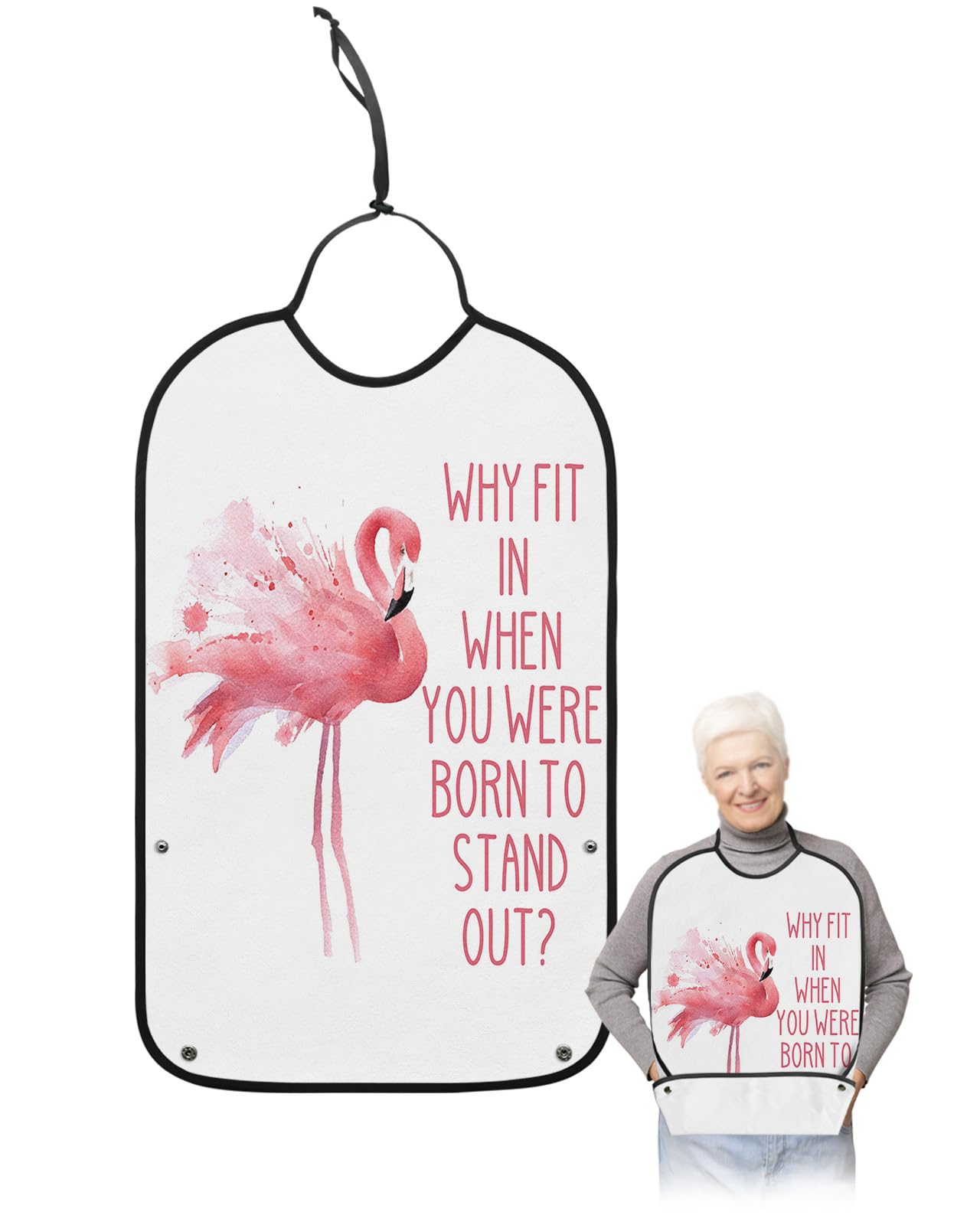 Flamingo Adult Bib for Eating with Crumb Catcher,Washable & Waterproof Terry Cloth Adjustable Elderly Women Men Adult Bibs Funny Apron Reusable Clothing Protector Pink Saint Valentine's Day Watercolor