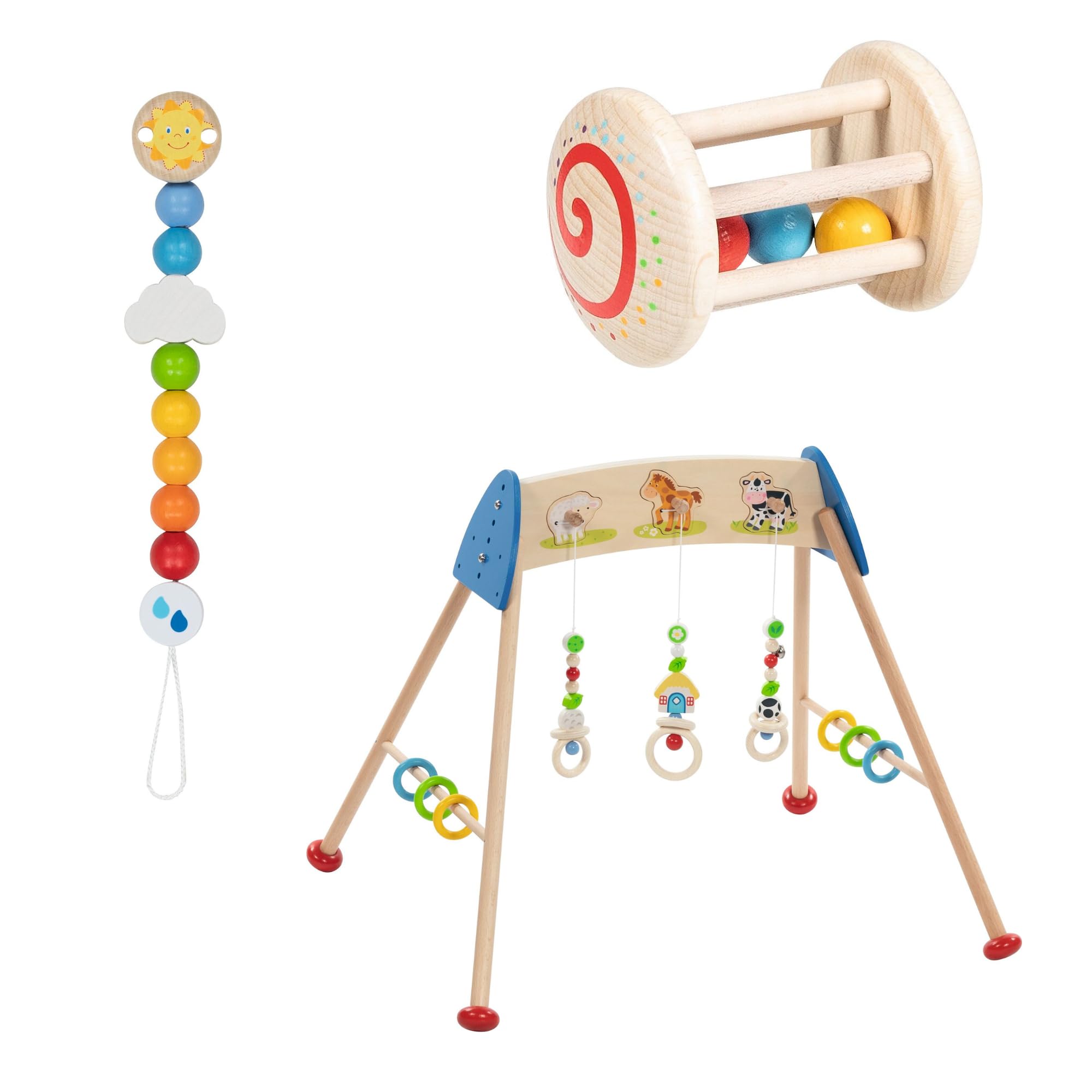 goki 6634 - baby Bauernhof-Set aus Holz, 3 teiliges Geschenkset inkl. Spielbogen mit Tierstimmen, Schnullerkette und Käfigrassel, Made in Germany, Bauernhoftiere, ideal für Kleinkinder ab der Geburt